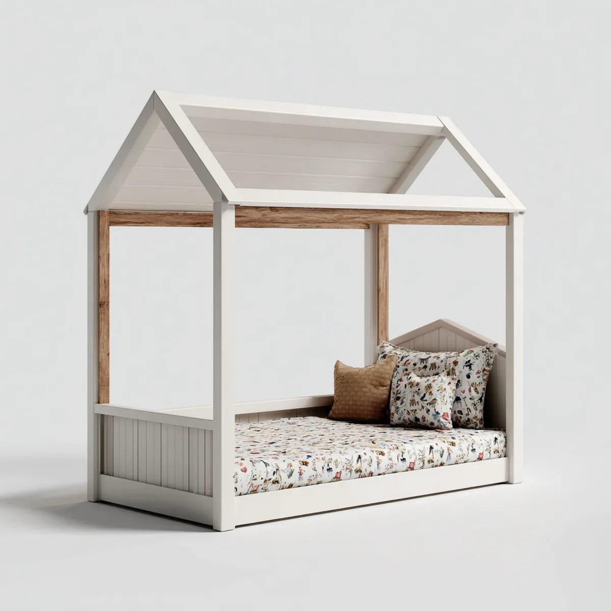 Lit cabane enfant 90 x 190 cm blanc et naturel en pin massif forme maison
