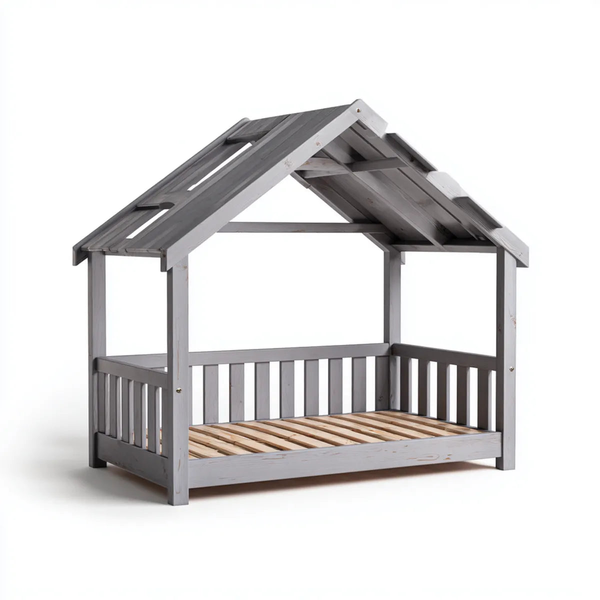 Lit cabane enfant gris 90 x 190 cm en pin massif rectangulaire