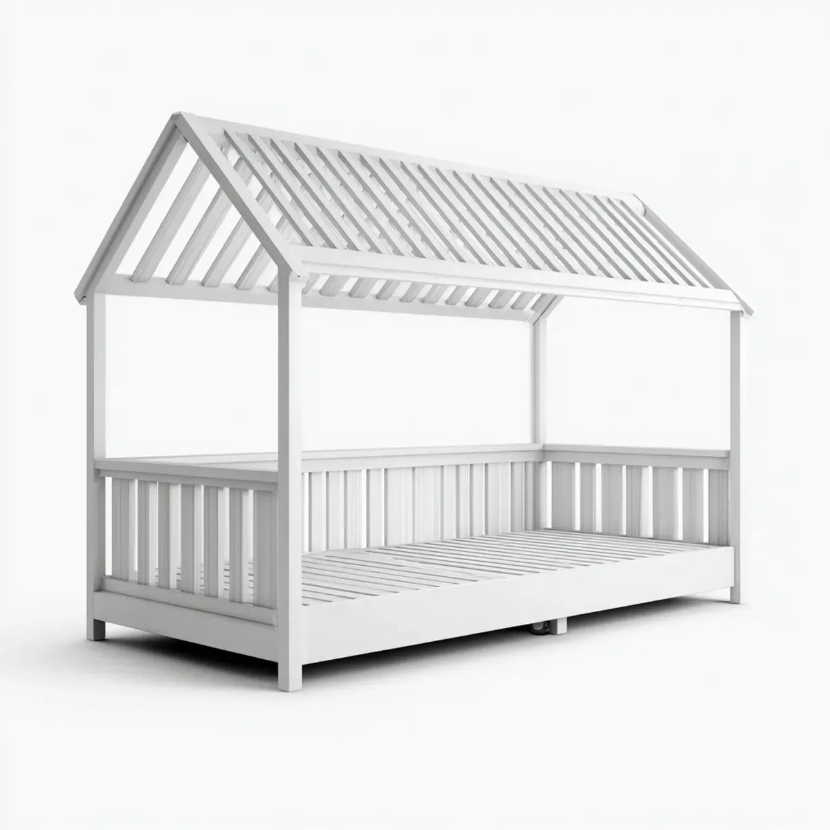 Lit cabane enfant blanc 90 x 200 cm en pin massif avec sommier à lattes et toit à deux pans