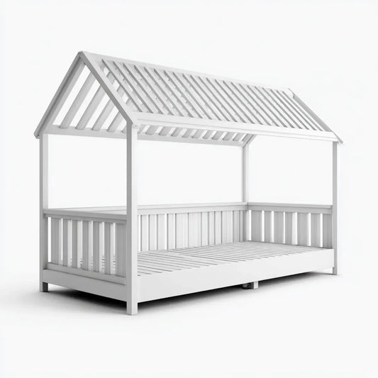 Lit cabane enfant blanc 90 x 200 cm en pin massif avec sommier à lattes et toit à deux pans