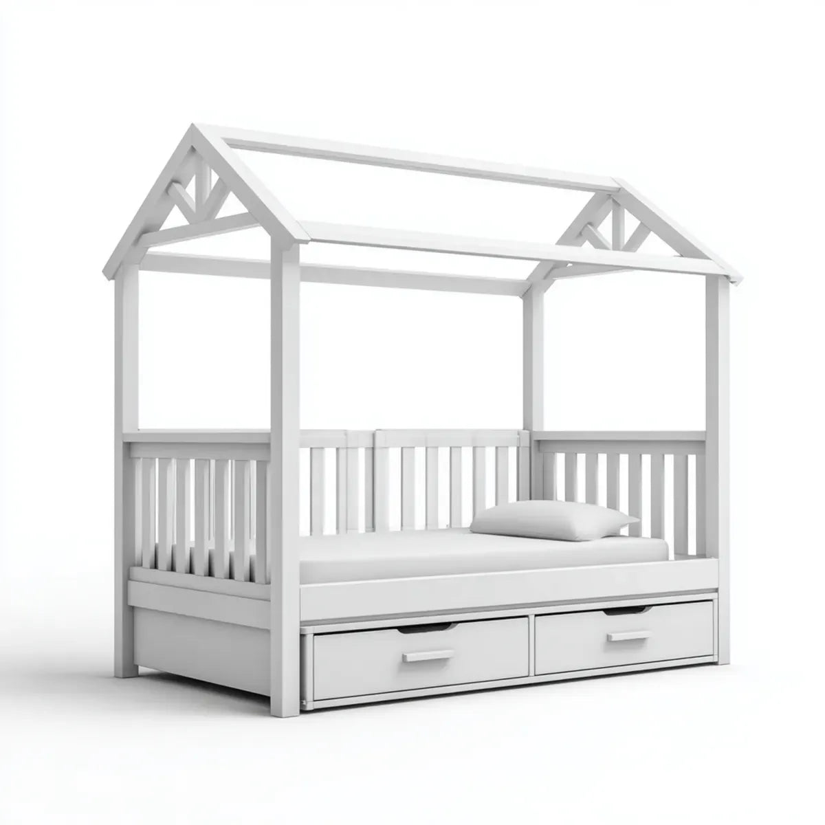 Lit cabane enfant blanc 90 x 190 cm en pin massif avec 2 tiroirs de rangement