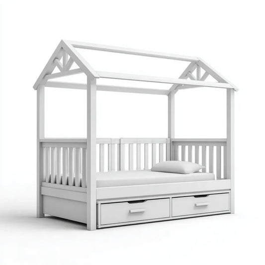 Lit cabane enfant blanc 90 x 190 cm en pin massif avec 2 tiroirs de rangement