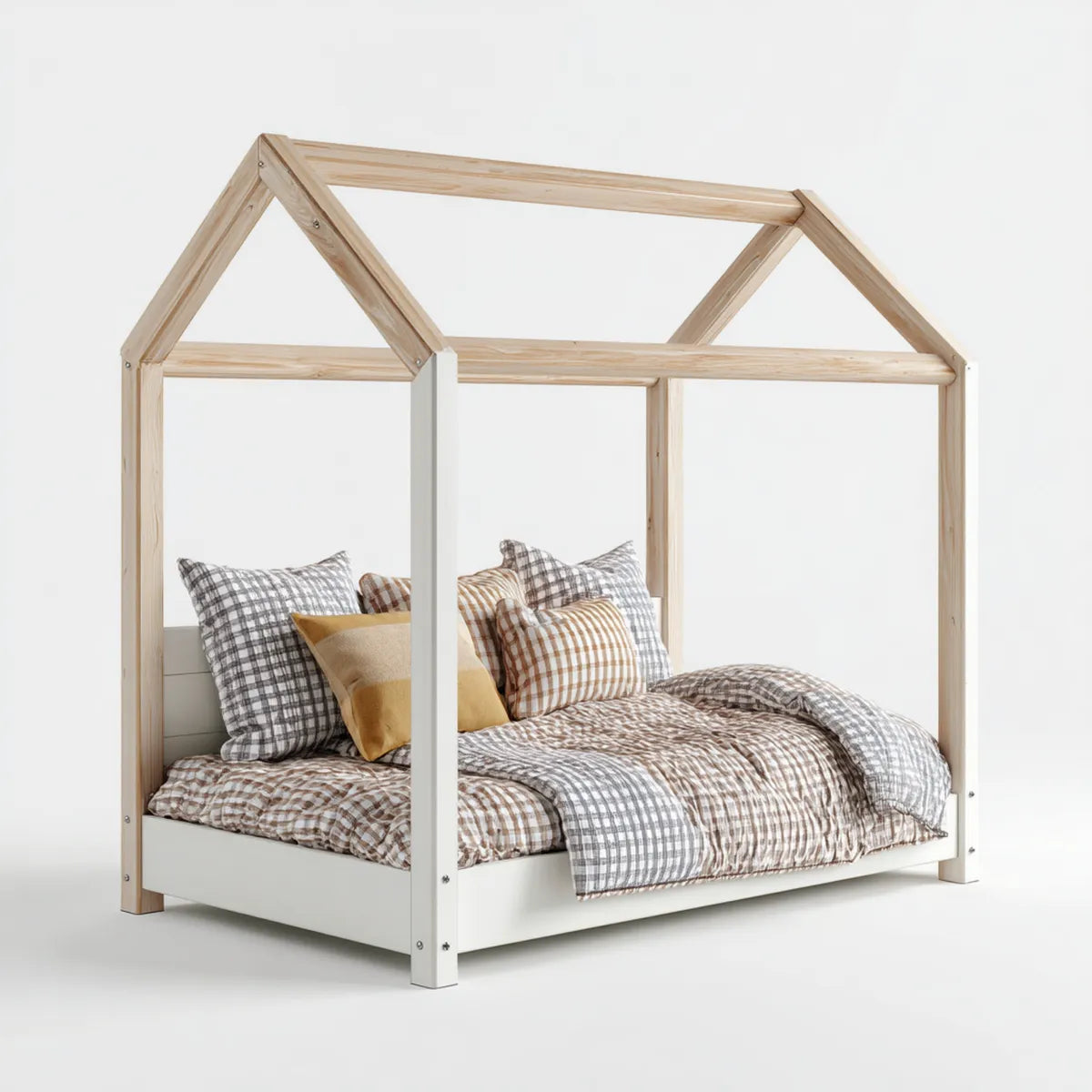 Lit cabane enfant bicolore en pin massif pour matelas 140 x 200 cm 208 x 148 x 178 cm forme maison