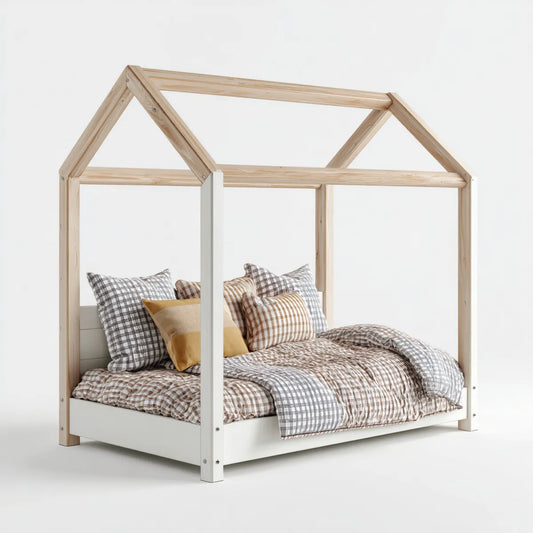 Lit cabane enfant bicolore en pin massif pour matelas 140 x 200 cm 208 x 148 x 178 cm forme maison
