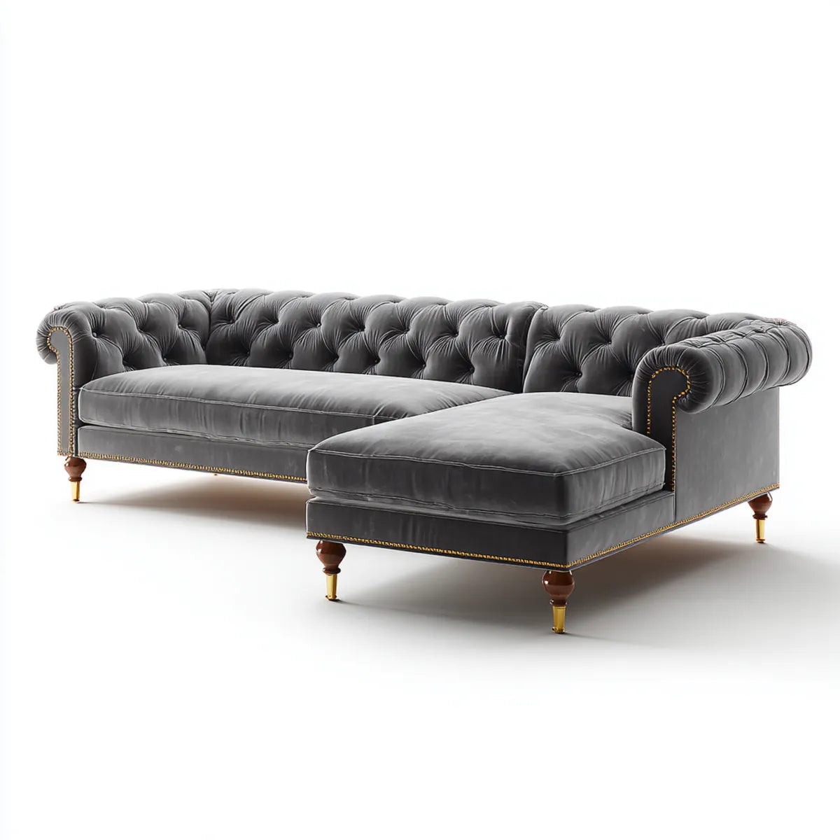 Canapé d'angle Chesterfield 3 places avec méridienne droite gris anthracite en velours polyester 280 x 165 x 78 cm