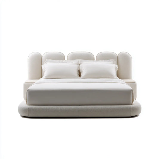 Lit double capitonné blanc cassé 180 x 200 cm en polyester bouclette avec tête de lit arrondie