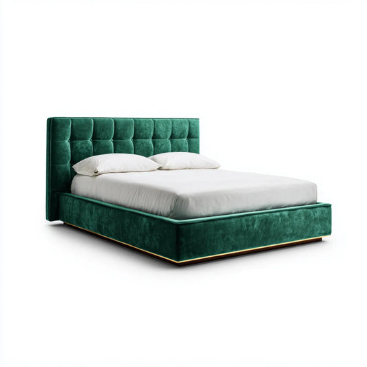 Lit double capitonné vert émeraude 160 x 200 cm en velours de polyester rectangulaire