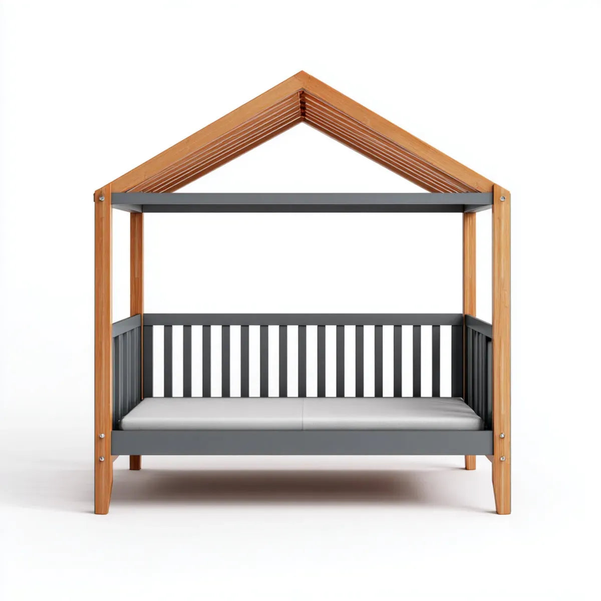 Lit bébé cabane gris et naturel 120 x 60 cm en pin massif forme maison
