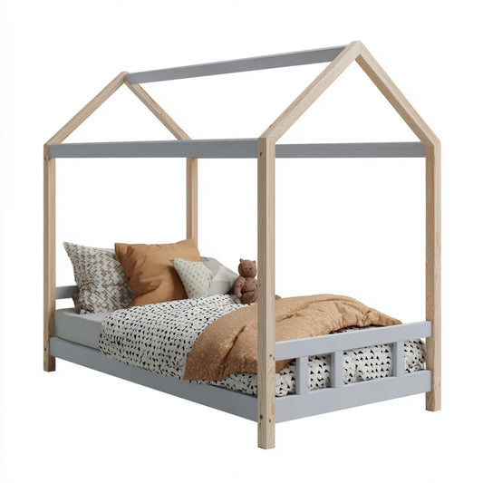 Lit cabane enfant 90 x 200 cm gris et naturel en pin massif rectangulaire