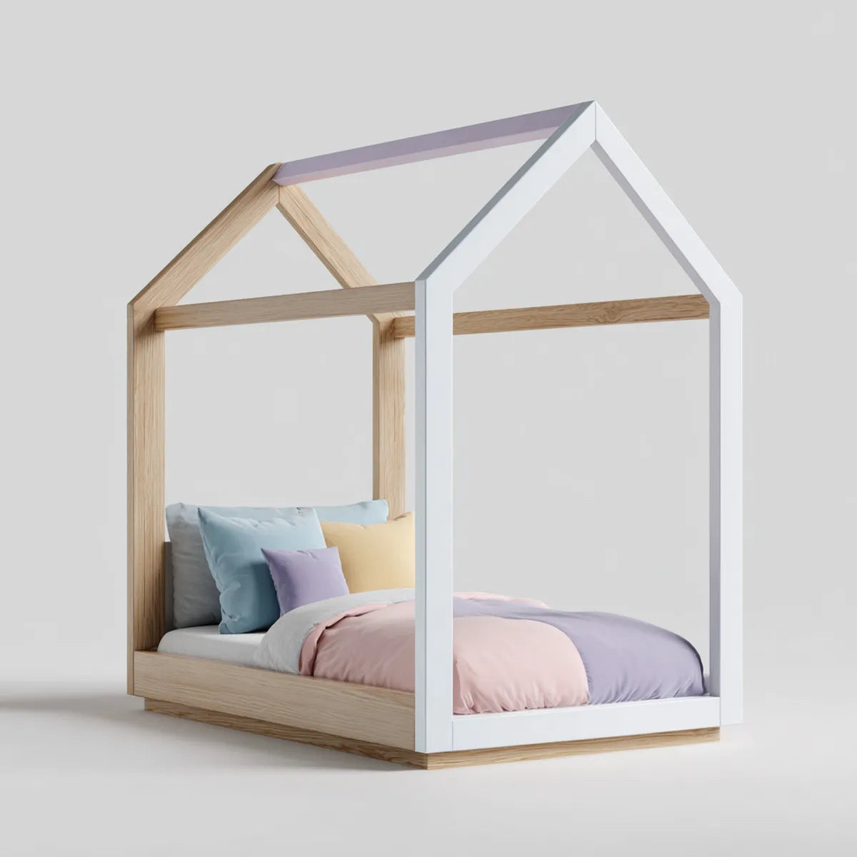 Lit cabane enfant 90 x 190 cm blanc et naturel en pin massif forme maison
