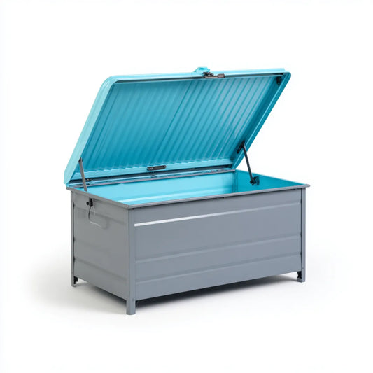 Coffre de rangement extérieur gris et bleu turquoise en acier galvanisé rectangulaire 100 x 50 x 56 cm