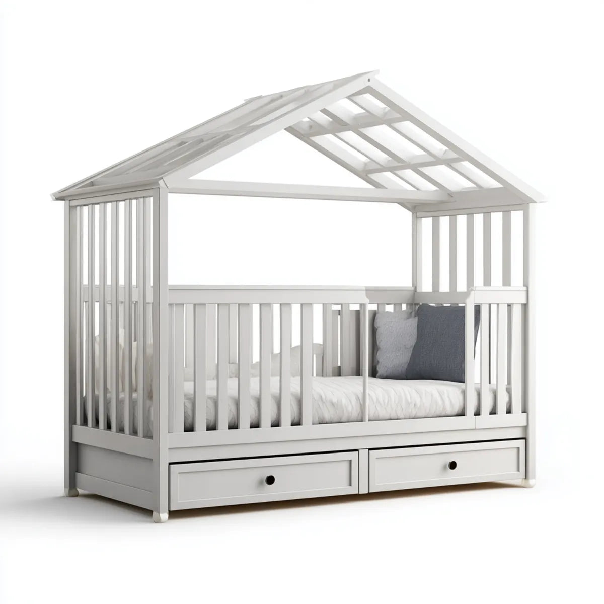 Lit cabane enfant blanc 90 x 200 cm en pin massif avec 2 tiroirs rectangulaire