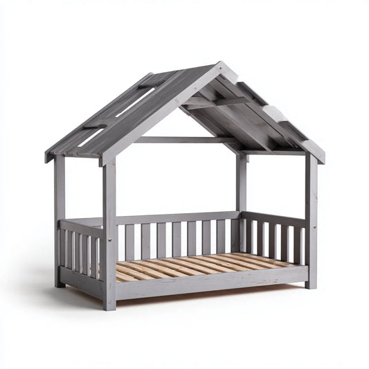 Lit cabane enfant gris 90 x 190 cm en pin massif rectangulaire