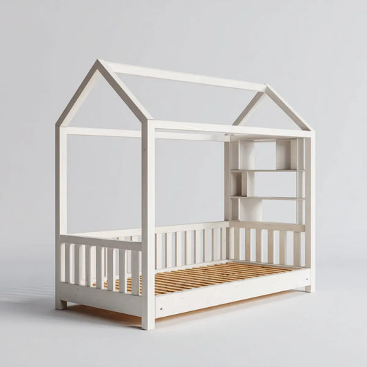 Lit cabane enfant blanc 90 x 190 cm en pin massif avec étagères intégrées