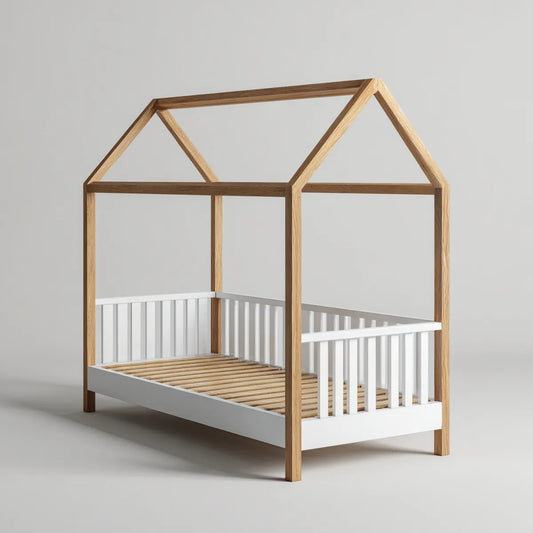 Lit cabane enfant 90 x 200 cm blanc et naturel en pin massif rectangulaire