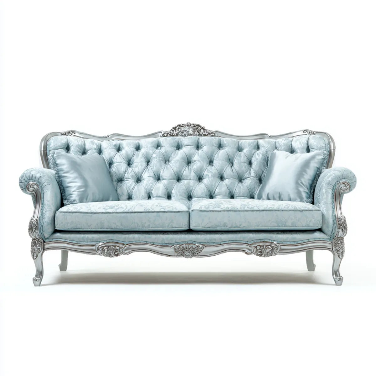 Canapé 3 places capitonné bleu clair et argenté 210 x 90 x 110 cm en polyester et bois massif forme droite