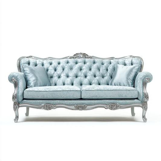 Canapé 3 places capitonné bleu clair et argenté 210 x 90 x 110 cm en polyester et bois massif forme droite