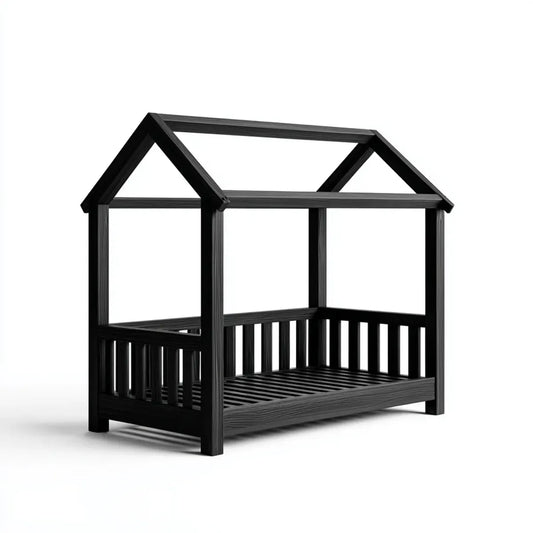 Lit cabane enfant noir 90 x 190 cm en pin massif forme maison