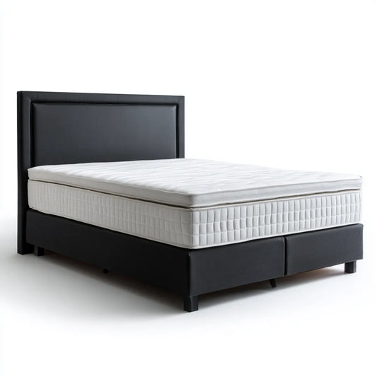 Lit double boxspring noir 160 x 200 cm avec matelas et surmatelas revêtement en polyester rectangulaire