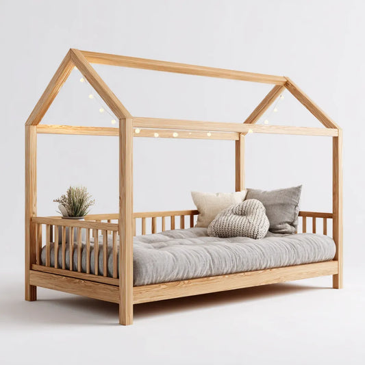 Lit cabane enfant avec barrières 90 x 200 cm pin massif naturel forme maison