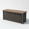 Coffre de rangement extérieur noir et marron 120 x 45 x 50 cm en résine tressée PE acier et acacia massif rectangulaire
