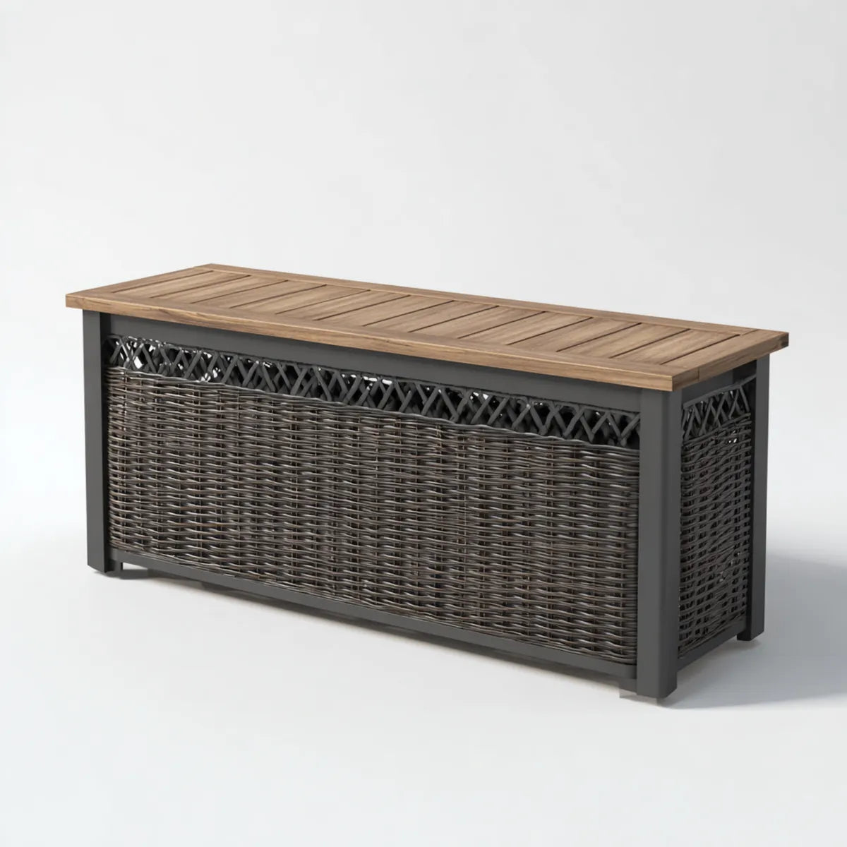 Coffre de rangement extérieur noir et marron 120 x 45 x 50 cm en résine tressée PE acier et acacia massif rectangulaire
