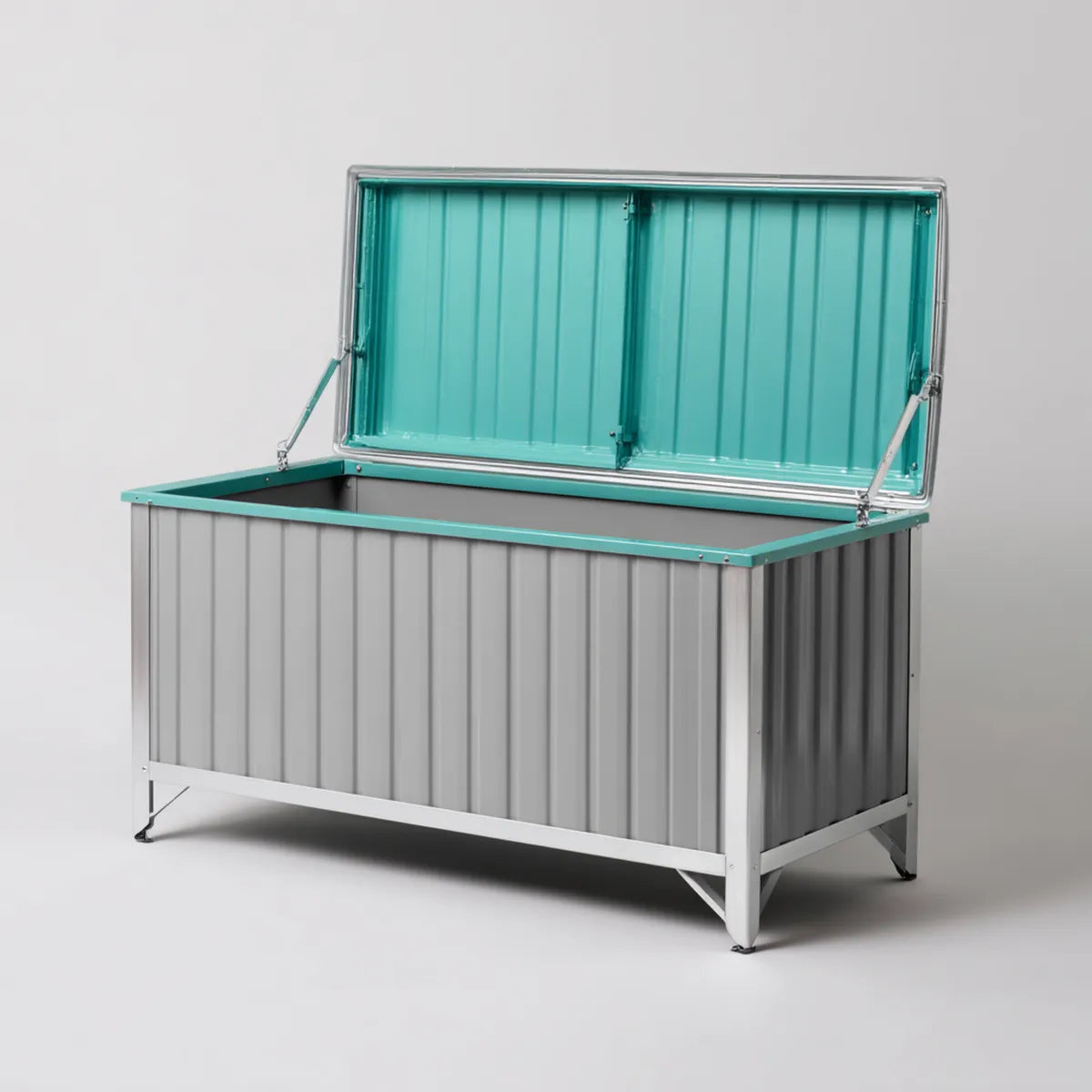Coffre de rangement extérieur gris et turquoise en acier galvanisé rectangulaire 120 x 62 x 63 cm