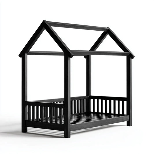 Lit cabane enfant 90 x 200 cm noir en pin massif