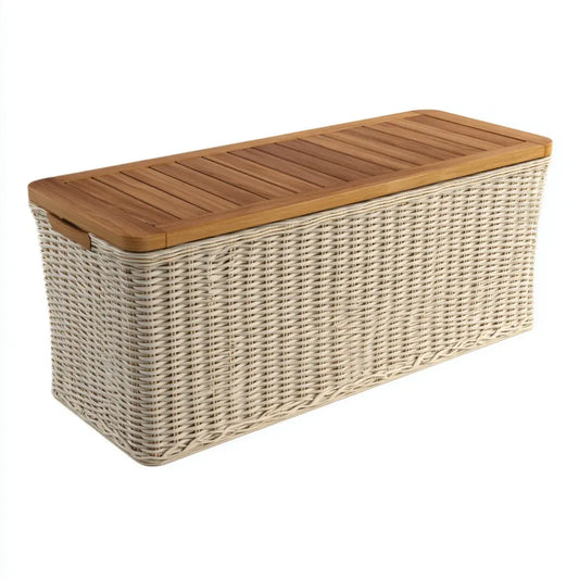 Coffre de rangement rectangulaire beige 80 x 40 x 40 cm en osier et bambou avec couvercle