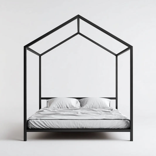 Cadre de lit cabane noir 160 x 200 cm en acier forme maison